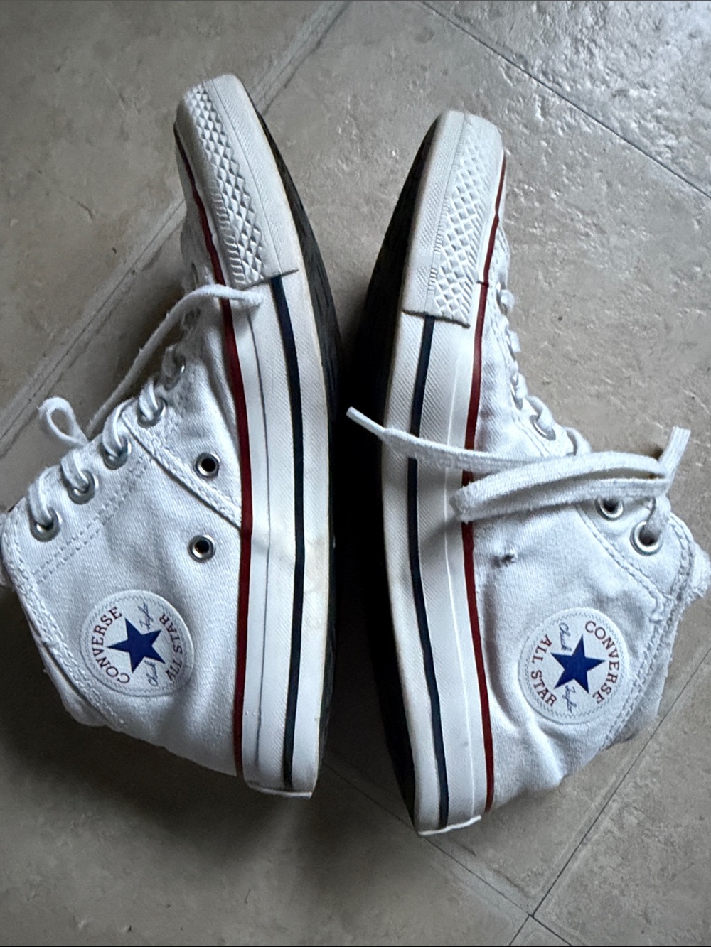 Converse size 7 White High Top Sneakers with Red Stripe